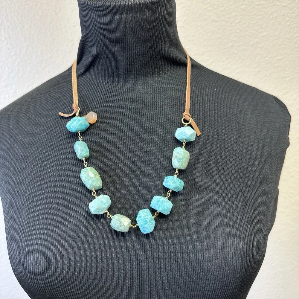 Large Chunky Faceted‎ Amazonite Polished Bead Statement Necklace Adjustable EUC